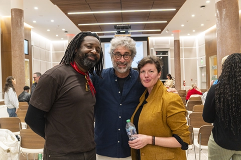 National Book Award finalist Marlon James, left, with Books & Books founder Mitchell Kaplan and A.J. Bermudez, a visiting assistant professor in the Department of English and Creative Writing. Photo: Julia Campbell/University of Miami